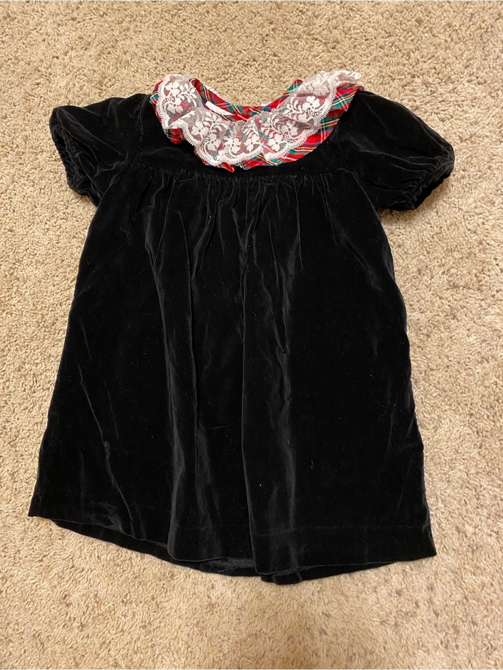 Mothercare Vintage Girls Black Velvet Dress Lace Collar Plaid 4T